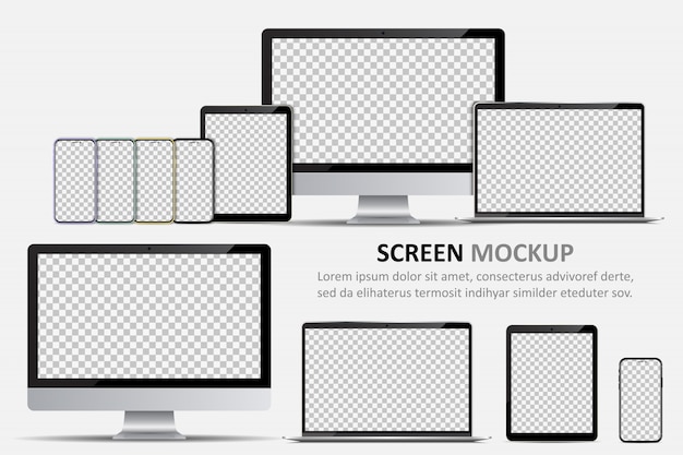 Vector screen mockup. computer monitor, laptop, tablet and smartphone with blank screen