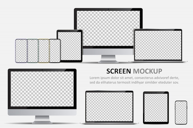 Vettore mockup dello schermo. monitor del computer, laptop, tablet e smartphone con schermo vuoto