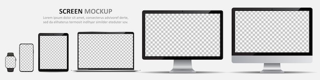 Mockup dello schermo. monitor di computer, laptop, tablet, smartphone e smartwatch con schermo vuoto per il design