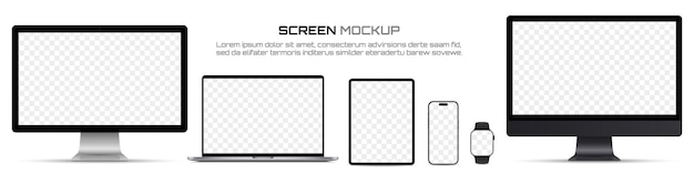 ベクトル 画面モックアップ デバイス コンピューター モニター ラップトップ タブレット スマートフォン スマート ウォッチ