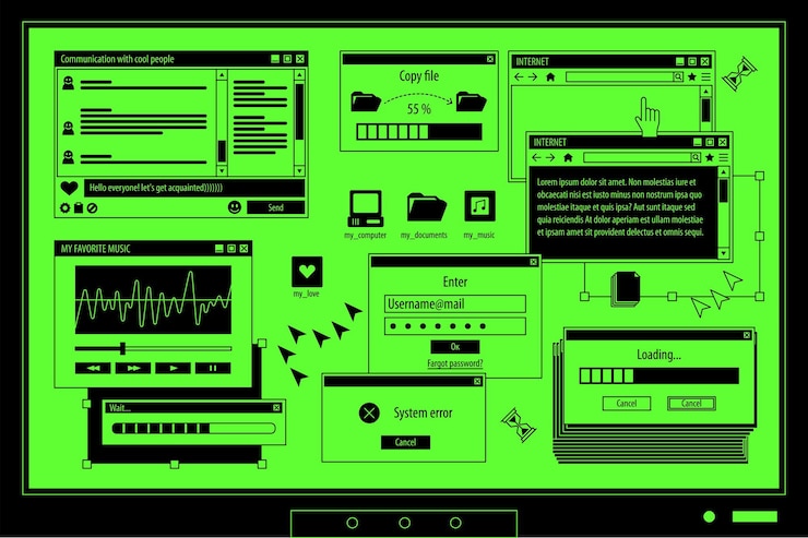 Vector the screen of an old retro pc in the y2k style retro wave and vaporwave background bright vintage