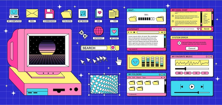 Vector the screen of an old retro pc in the y2k style retro wave and vaporwave background bright vintage
