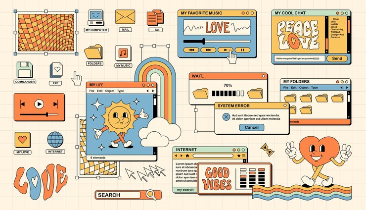 Vector y2k 스타일의 복고풍 pc 화면 레트로 웨이브 및 증기파 배경 밝은 빈티지