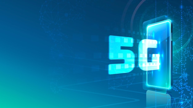 screen phone neon icon 5g network modern. blue background.