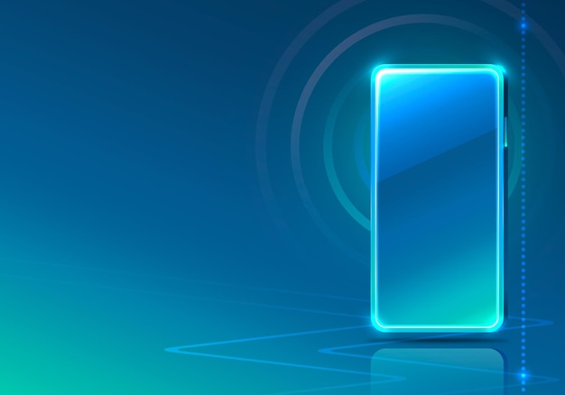 ベクトル 現代のスクリーン電話ネオン アイコン アプリ。青い背景。