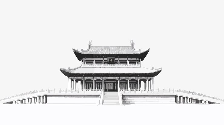 Vector screen print of traditional chinese temple architecture on paper
