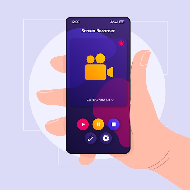 Шаблон вектора интерфейса смартфона для записи экрана. Макет цветового оформления страницы мобильного приложения. Экран инструмента записи видео. Плоский пользовательский интерфейс для приложения. Рука держит телефон с захватом экрана на дисплее.