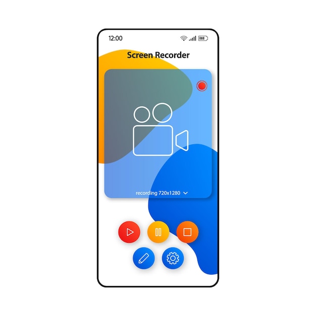 Vettore modello di vettore dell'interfaccia dello smartphone dello strumento di registrazione dello schermo. layout del design del colore della pagina dell'app mobile. voce, schermo del registratore audio. interfaccia utente piatta per l'applicazione. display del telefono delle impostazioni multimediali