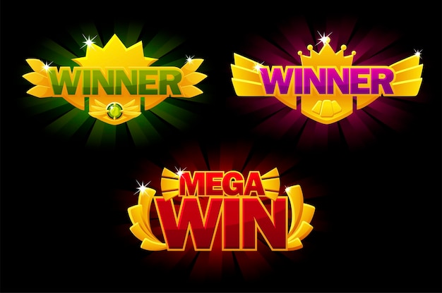 Vincitore dello schermo, premio d'oro mega win, banner luminosi per il gioco dell'interfaccia utente. illustrazione vettoriale set icona vincitore con corona, cartolina di vittoria per la progettazione grafica.