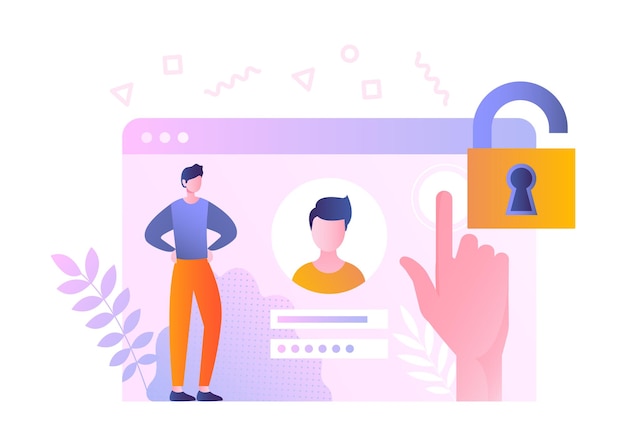 Vector screen with login or registration data concept man enters password and opens lock log in to your