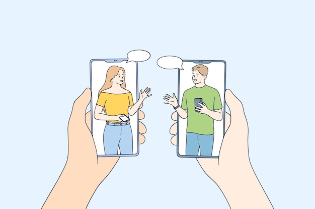 ベクトル 自宅から離れた場所で話している人がいるスマートフォンの画面