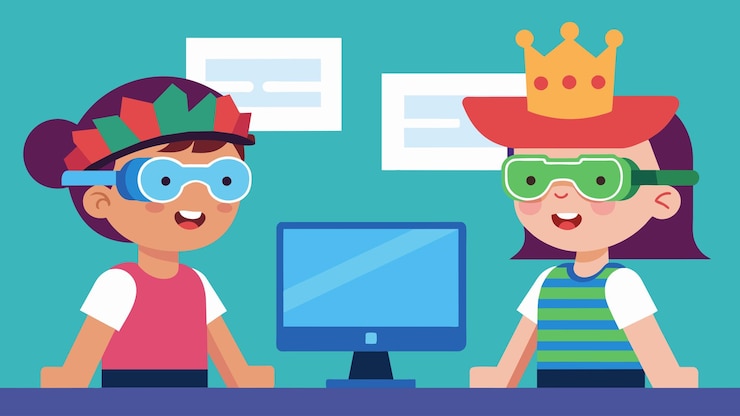Vector on the screens two kids are playing dressup together trying on silly virtual hats and sunglasses
