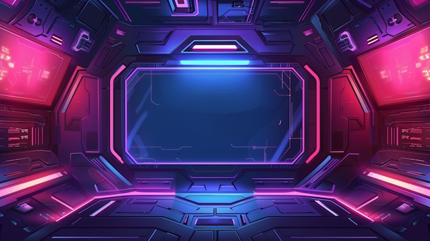 a screenshot of a dark room with a blue and purple background