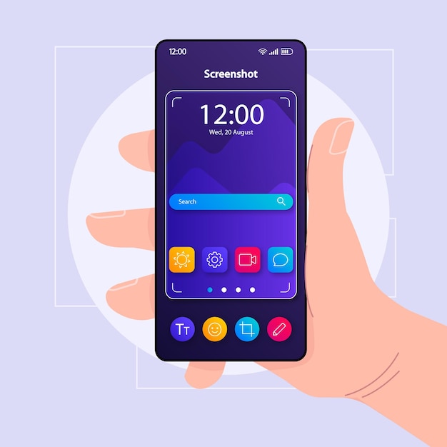 Screenshots making smartphone interface vector template Mobile app page color design layout Photo camera focus finder screen Flat UI for application Hand holding phone with photo tool on display