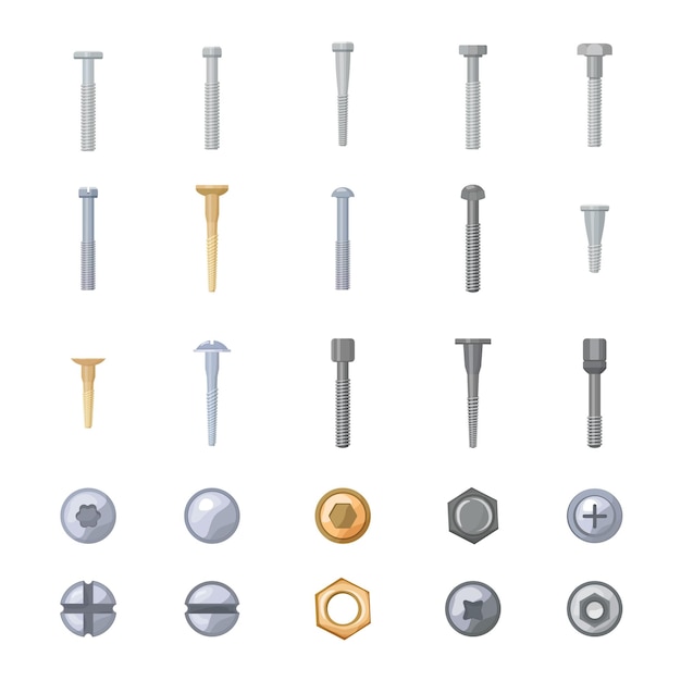 Vector screwbolt icons set cartoon vector head screw