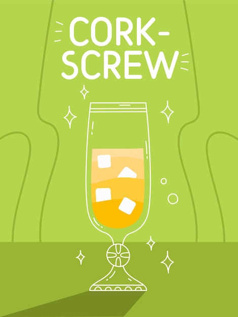 Screwdriver cocktail in glass with ice. Classic summer alcohol drink illustration square card.