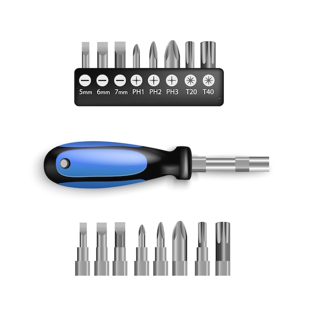 Vector screwdriver set with accessory is a tool, with rubber black and blue handles. manual for driving or removing screws,  on white background. screwdriver bits in plastic holder