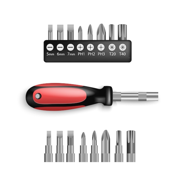 Screwdriver set with accessory is a tool, with rubber black and red handles. Manual for driving or removing screws,  on white background. screwdriver bits in plastic holder