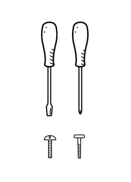 Cacciaviti e viti una serie di strumenti di costruzione doodle illustrazione vettoriale su bianco