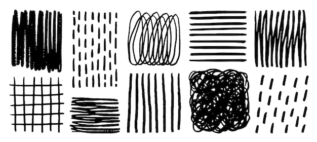 Scribble doodle abstract geometric shapes set Hand drawn brush stroke sketch texture in childish