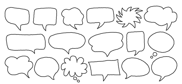 Scribble linear speech bubble icon in various shapes isolated, roughen comic cloud bubble outline