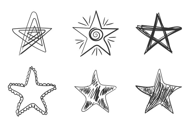 Scribble style stars star flat doodle design cool trendy hand drawn set for logo textile print card