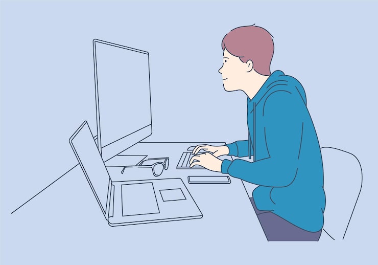Vector script coding and programming in php python javascript other languages. young programmer concentrated at working project. developing programming and coding technologies