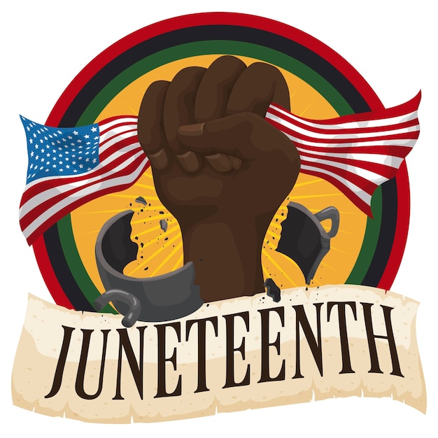 Juneteenth を祝うためにスクロール ボタンとアメリカ国旗を持った拳