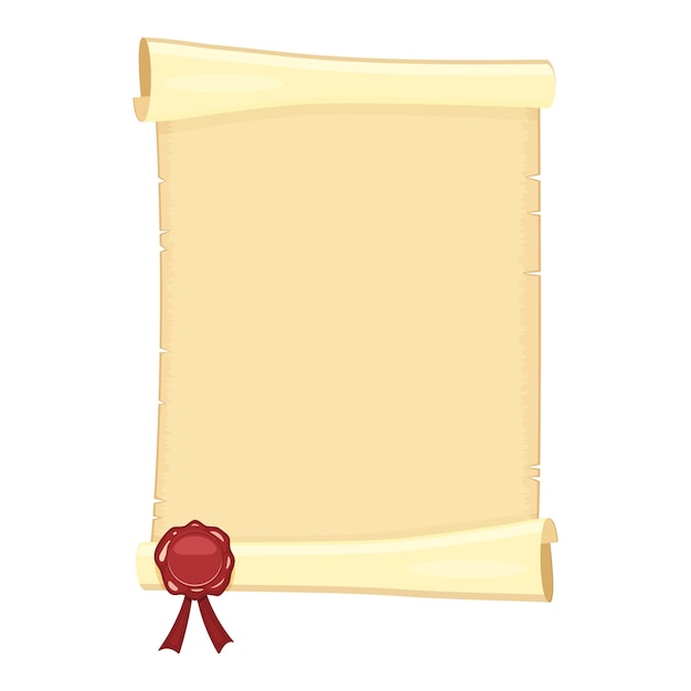 Scroll of old unfolded paper with red sealing wax vector illustration of an ancient canvas without t