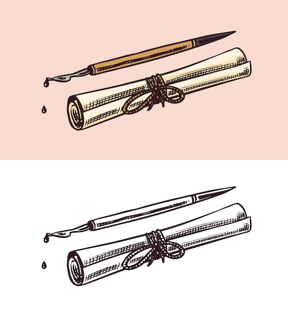 ヴィンテージ刻まれたスタイルのレトロなベクトル図で滴るインクを書くためのスクロール紙とペン