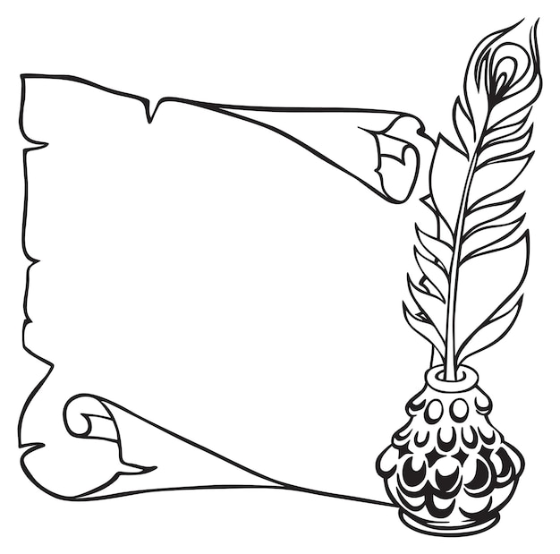 Scroll of paper, feather and inkwell in vintage sketch style. hand drawn vector illustration.