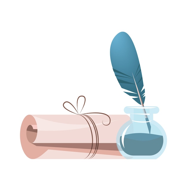 A scroll of parchment and an inkwell with a pen vector graphics isolated on a white background