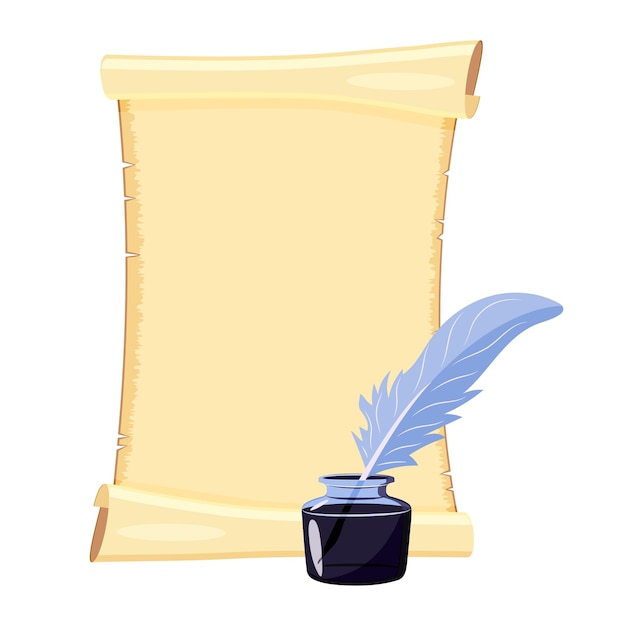 Scroll of sheet of parchment with inkwell and quill vector illustration of old canvas isolated on wh