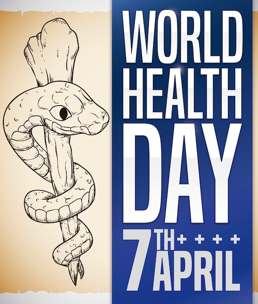 Vector scroll with asclepius staff in hand drawn style and blue label promoting world health day in april 7