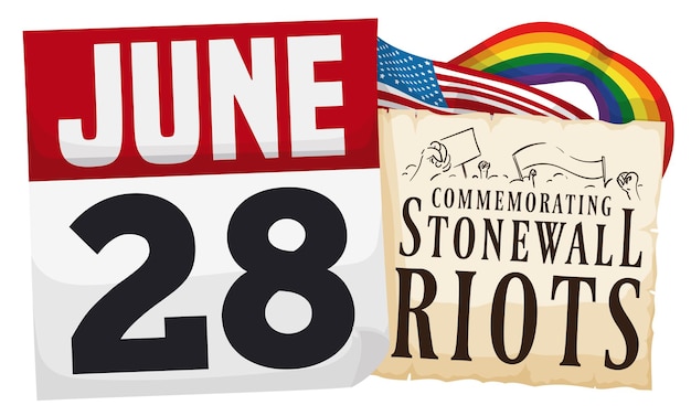 Scroll with calendar USA and rainbow flags and reminder for Stonewall Riots commemoration