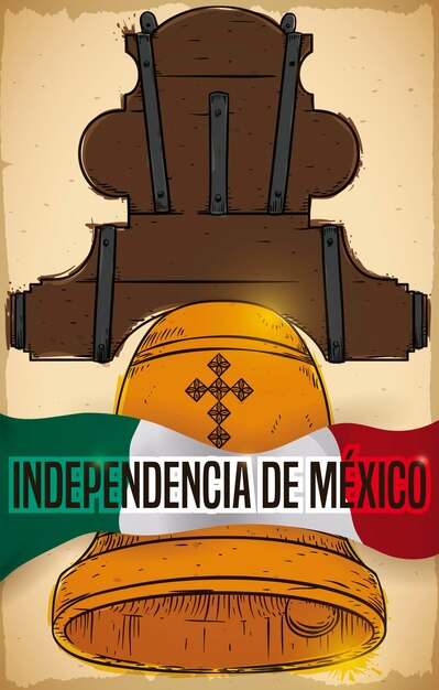 ヒダルゴの鐘と木製のヘッドストックの絵と独立記念日のメキシコ国旗の巻物