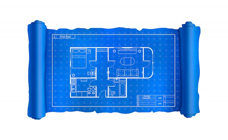 Vector scroll with house plan with furniture, blueprint on white
