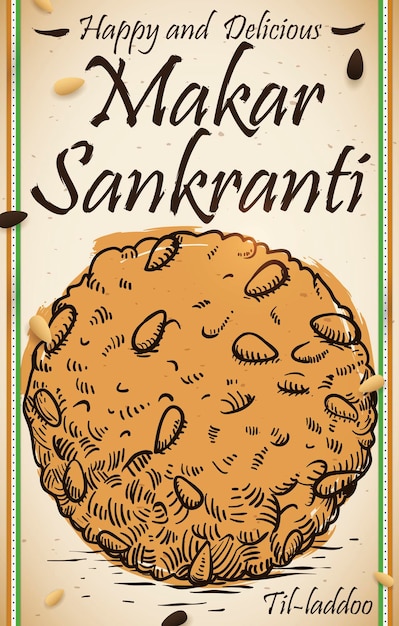 Vettore rotolo con til laddu in stile disegnato a mano con semi di sesamo e nastri indiani per makar sankranti