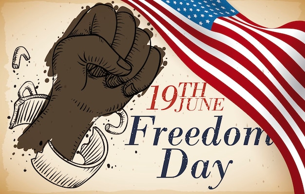 Vector scroll with usa flag and shackled fist drawing for freedom day