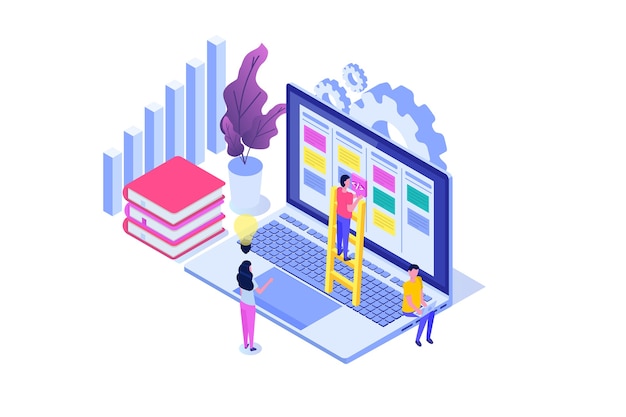 Scrum or canban task board isometric concept.