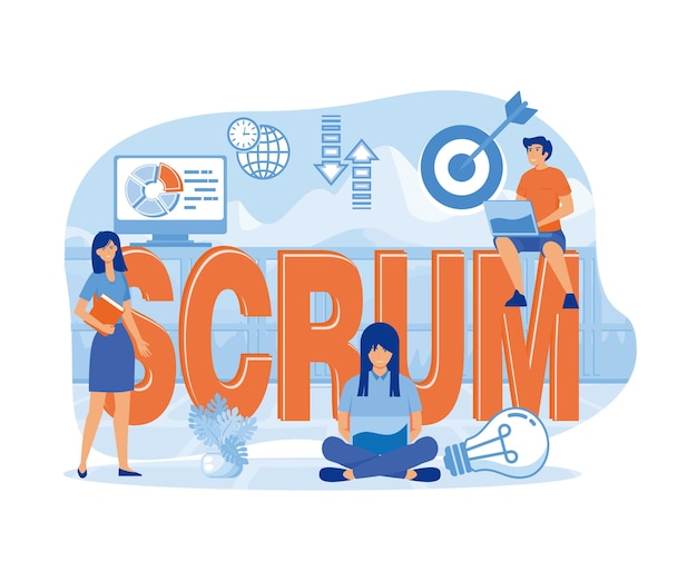 Scrum 프레임워크 키워드 문자 및 아이콘과 함께 개념 평평한  ⁇ 터 현대적인  ⁇ 화