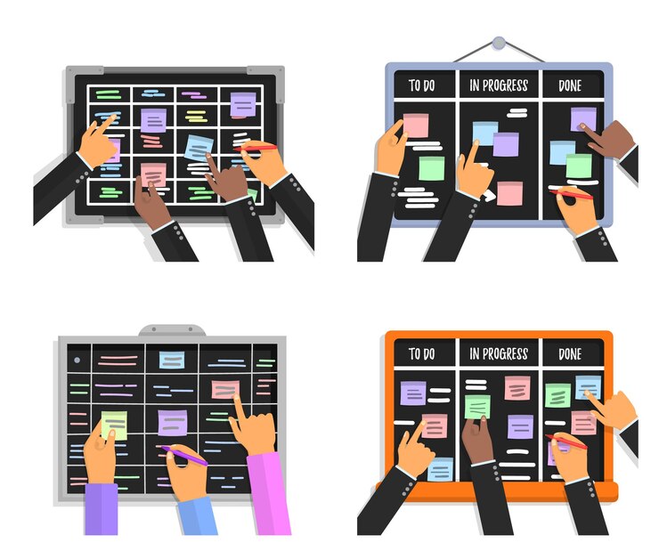 Vector scrum task board compositions set with human hands holding colorful sticky papers and markers.