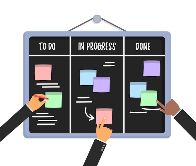 ベクトル カラフルな粘着紙とマーカーを保持している人間の手でスクラムタスクボードの概念