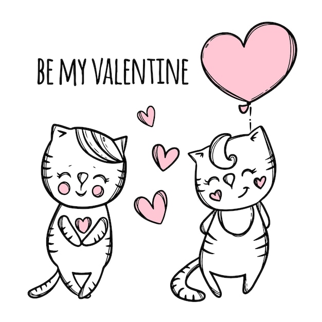Scrupled kitty met hartballon staat naast haar geliefde kat. valentijnsdag tekenfilm dieren hand getrokken illustratie