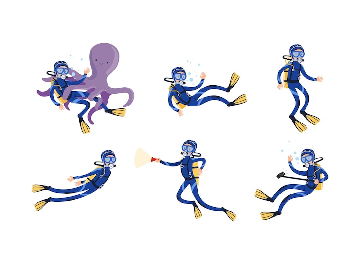 Vector scuba diver diving with snorkeling mask and goggles floating underwater with octopus and flashlight vector set