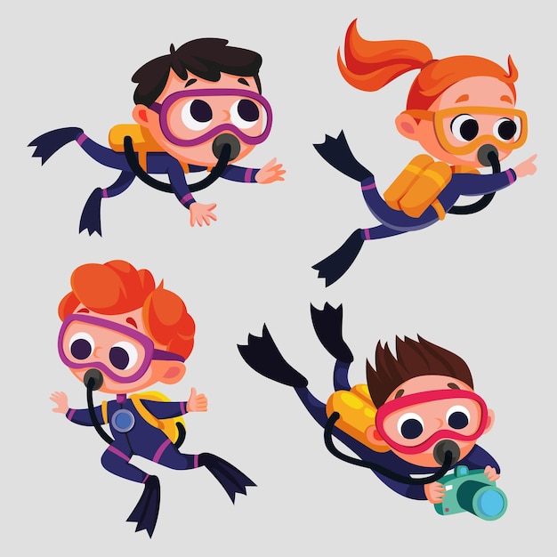 Scuba diver girl and boy Vector illustration in cartoon style