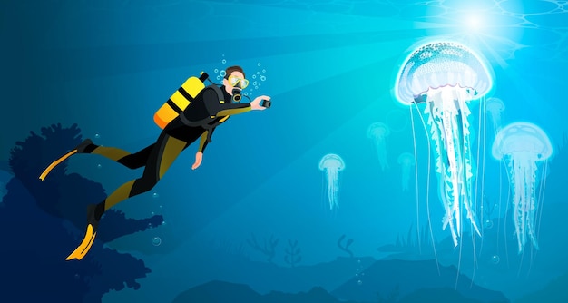 Scuba diver man swimming underwater in ocean take a photo big jellyfish with camera diving sport in wetsuit with oxygen tank gear equipment aqualung fins on deep seabed flat vector illustration