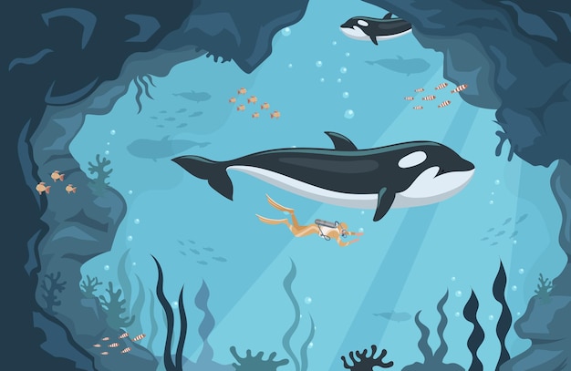 Аквалангист плавает в океане с плоскими китами