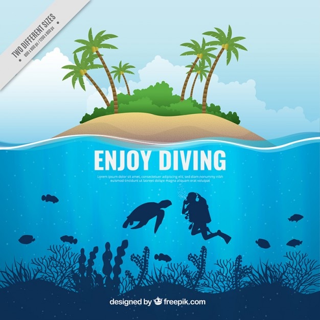 Vector scuba diving background and island
