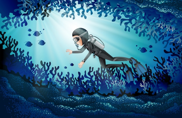 Vector scuba diving in deep ocean